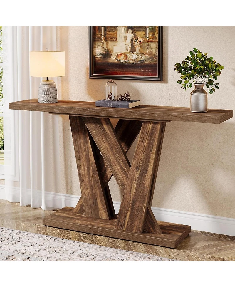 Tribesigns 55-Inch Farmhouse Console Table, Entryway Table with Geometric Base, Narrow Sofa Table Rustic Wood Hallway Table, Rustic Brown