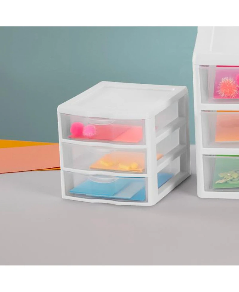 Sterilite ClearView Plastic Small 3 Drawer Desktop Storage Unit, White, 6 Pack