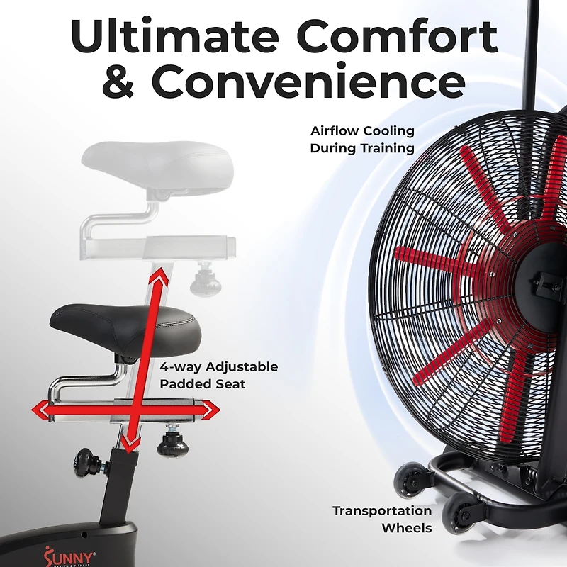 Sunny Health & Fitness Smart Customizable Air Bike Trainer, 330LB Capacity Leg + Arm Cardio Workout, with SunnyFit App Bluetooth Link