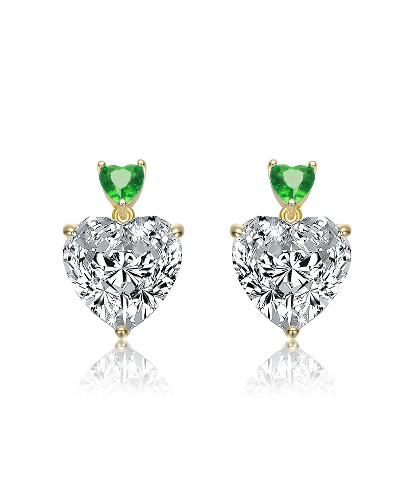 Sterling Silver 14K Gold Plated with Green, Red, or Blue Cubic Zirconia Two-Stone Heart Stud Earrings