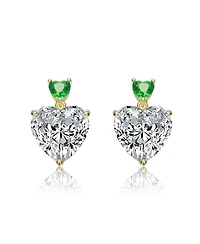 Sterling Silver 14K Gold Plated with Green, Red, or Blue Cubic Zirconia Two-Stone Heart Stud Earrings