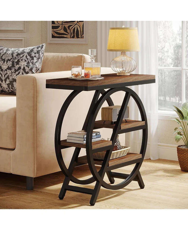 Tribesigns End Table, 3-Tier Narrow Side Table, Wood Sofa Side Table with Geometric Metal Frame, Industrial Nightstand and Bedside Table for Bedroom