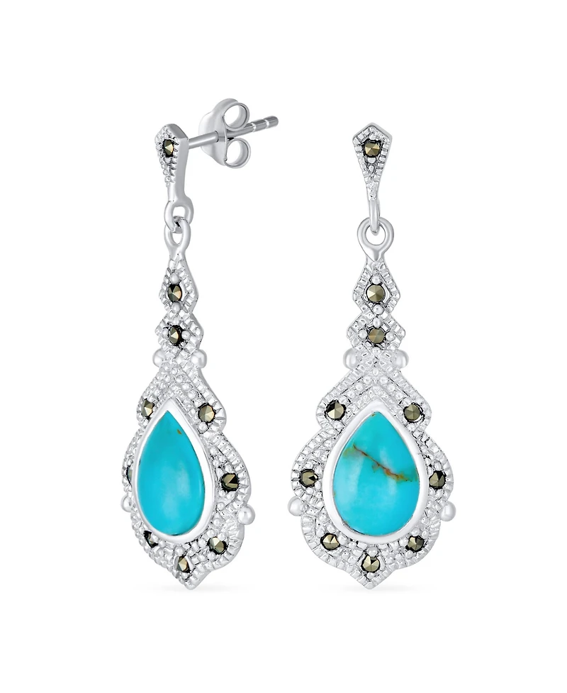 Bling Jewelry Western Style Marcasite Accent Teardrop Stabilized Blue Turquoise Dangle Chandelier Earrings .925 Sterling Silver