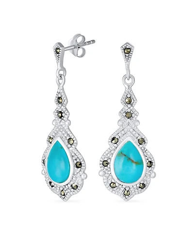Bling Jewelry Western Style Marcasite Accent Teardrop Stabilized Blue Turquoise Dangle Chandelier Earrings .925 Sterling Silver