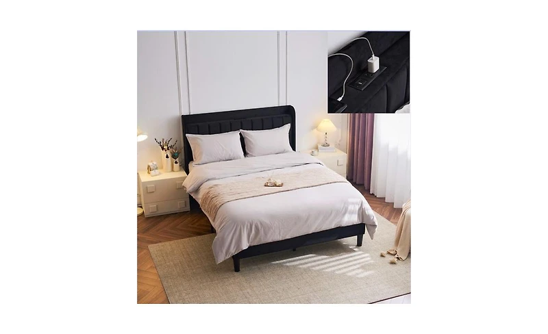 Slickblue Queen Size Velvet Bed Frame with Built-In Charging Station and Storage Shelf