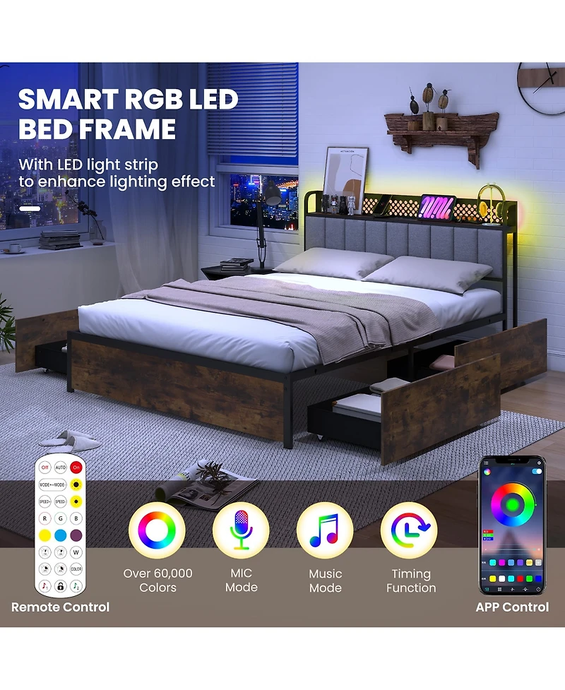 Gymax Led Bed Frame Queen Size w/ Charging Station Upholstered Headboard 4 Drawers
