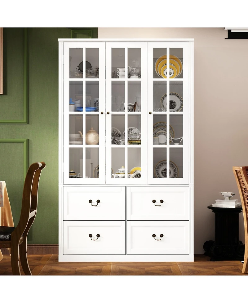 Famapy Grey Wood Bookcase With Tempered Glass Doors and 6-Drawers
