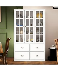 Famapy Grey Wood Bookcase With Tempered Glass Doors and 6-Drawers