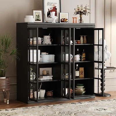Famapy Black Wood Bookcase Storage Cabinet With Tempered Glass Doors