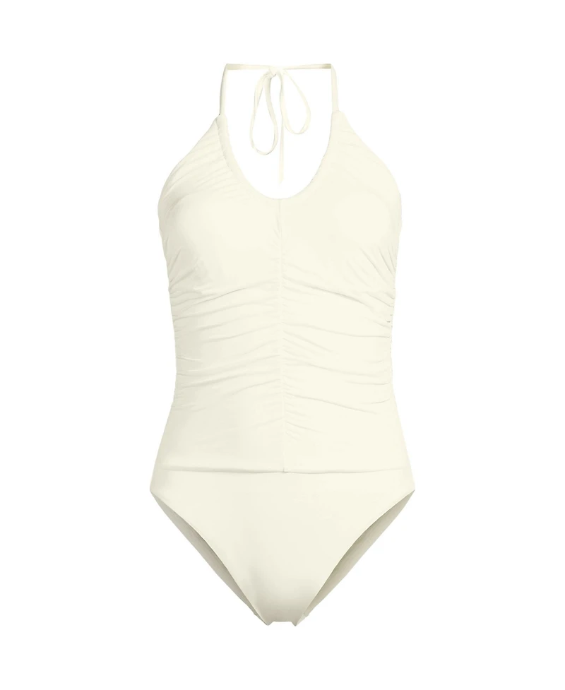 Lands' End Women's Ruched Multi-Way V-Neck Halter High Leg One Piece Swimsuit