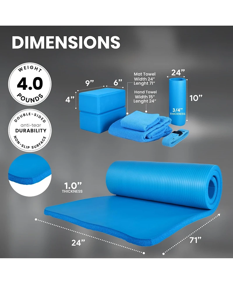 BalanceFrom Fitness 7 Piece Yoga Set with Mat, Stretch Strap, & Knee Pad, Blue