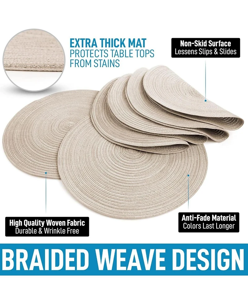 Braided Round Place Mats & Anti-Skid Placemat for Dining - Set of 6