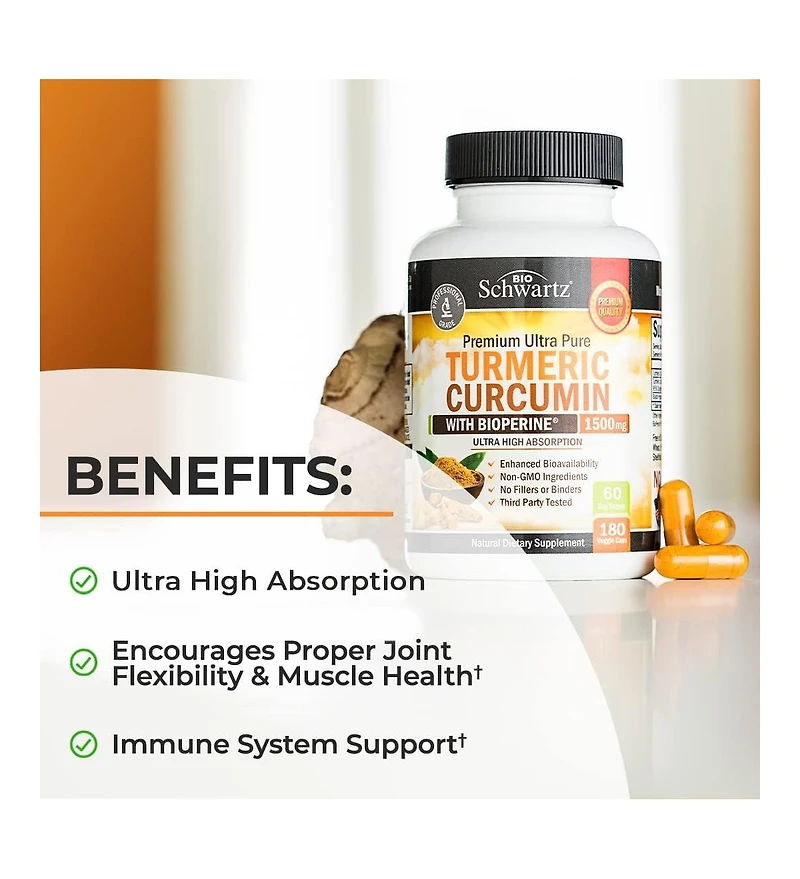 BioSchwartz Turmeric Curcumin with BioPerine 1500mg - Natural Joint Support - Non Gmo - Gluten Free