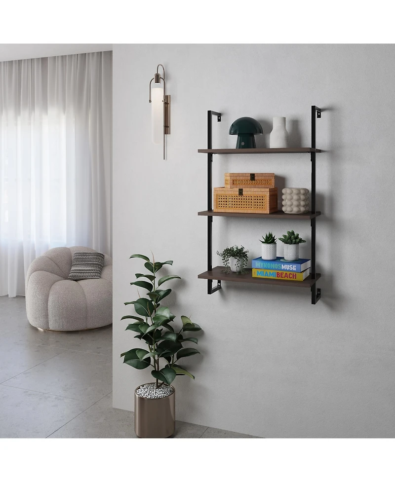 Madera Industrial 3-Shelf Wood Wall-Mounted Open Ladder Bookcase, Metal Frame