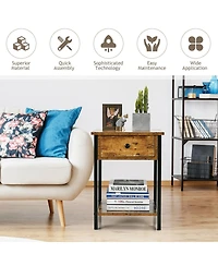 Gymax 2PCS Industrial End Side Table Nightstand with Drawer Shelf Rustic Brown