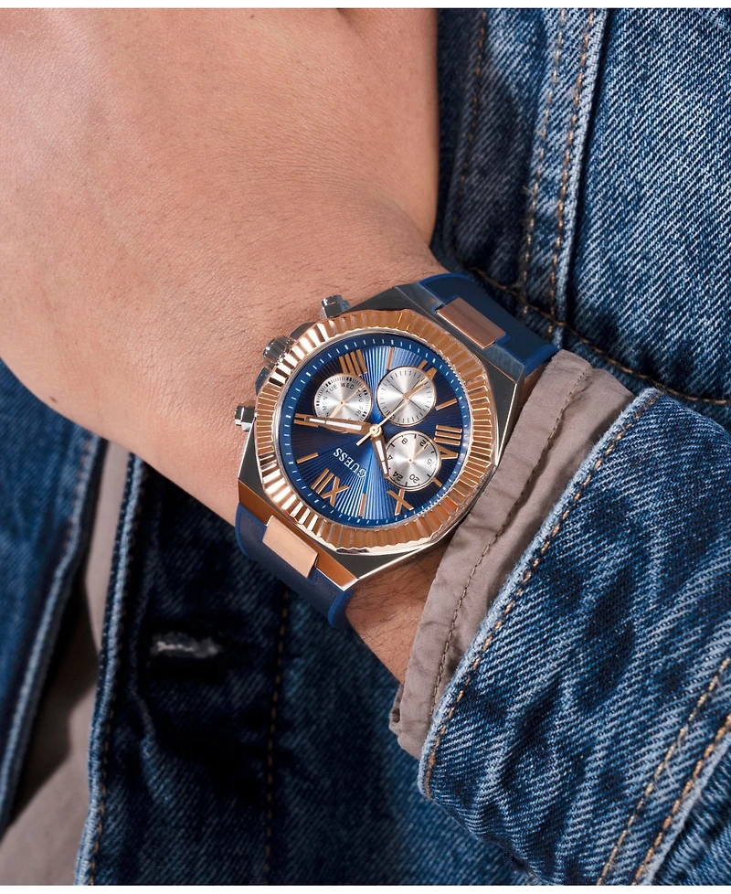 Guess Men's Multi-Function Blue Genuine leather or Silicone Watch 44mm