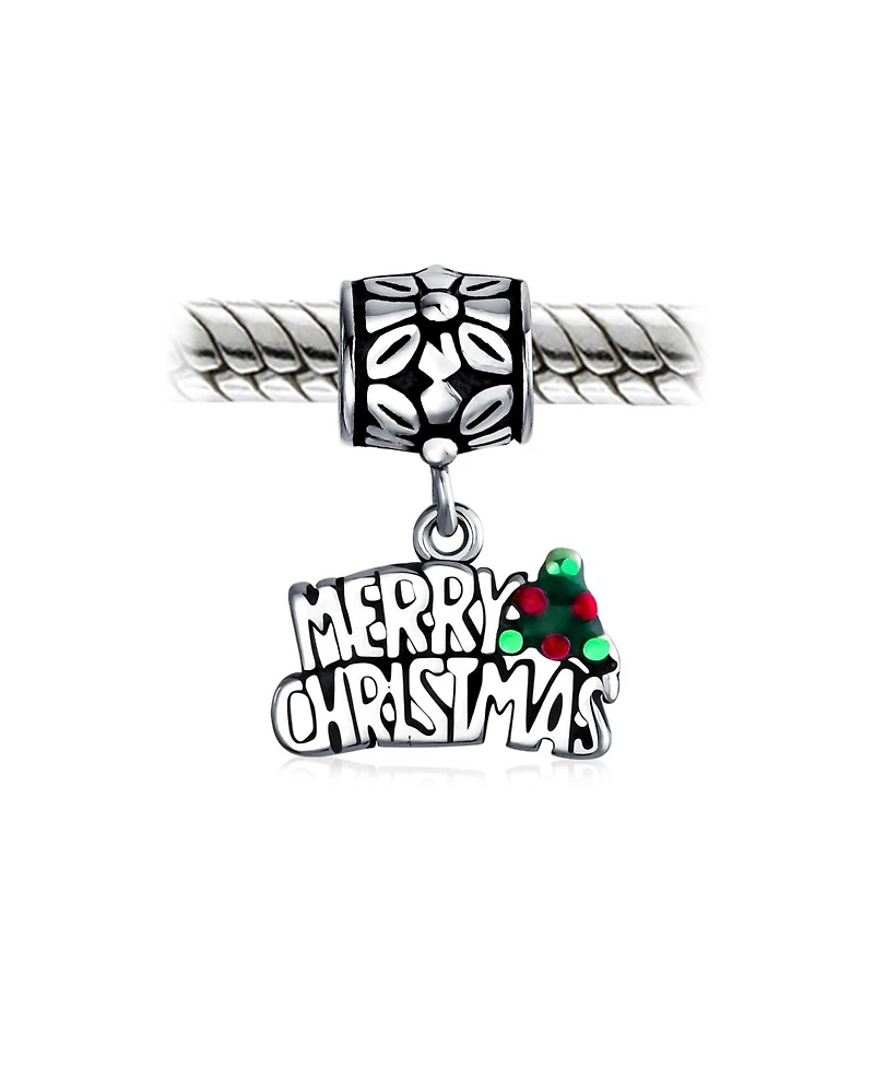 Bling Jewelry Holly Leaf Dangling Word "Merry Christmas" Charm Bead .925 Sterling Silver