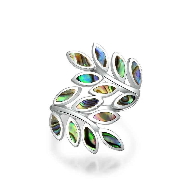 Bling Jewelry Nature Ivy Rainbow Shell Nature Wrap Ivy Laurel Vine Leaf Bypass Abalone Ring .925 Sterling Silver