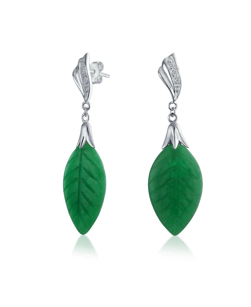 Bling Jewelry Native American Inspired Carved Leaf Green Dangle Drop Earrings Western Jewelry .925 Sterling Silver
