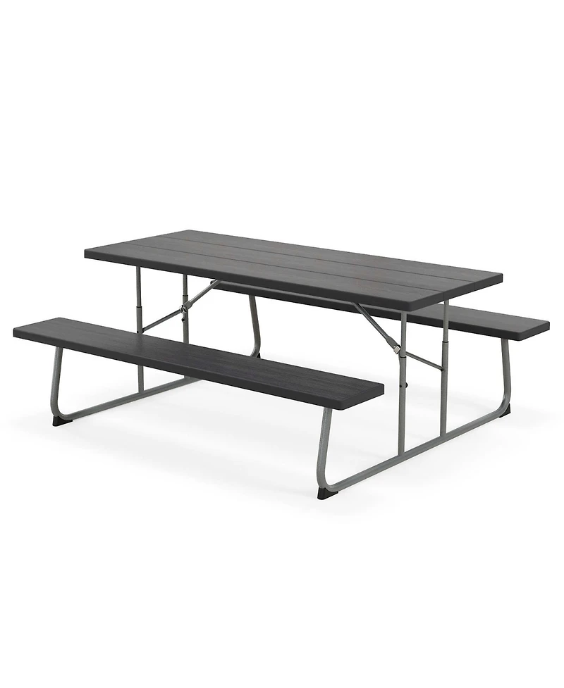 Costway Folding Picnic Table with Wood-like Tabletop, Umbrella Hole, 2 Benches for 8 Person