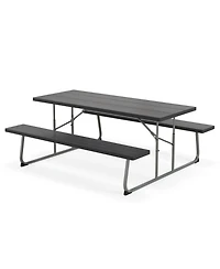 Costway Folding Picnic Table with Wood-like Tabletop, Umbrella Hole, 2 Benches for 8 Person