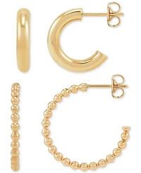 2-Pc. Set Polished & Beaded Small Hoop Earrings in 10k Gold, 1/2" & 3/4"