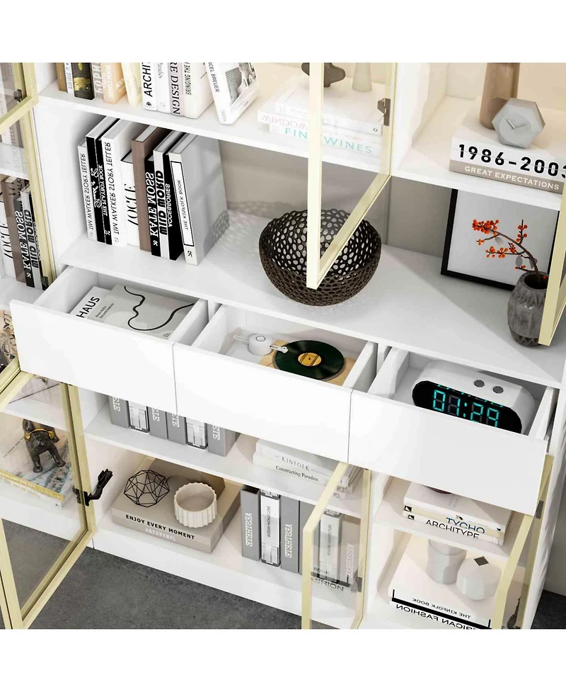 Famapy 30-Shelf White Wood Standard Bookcase With Doors,Led Lights,Drawers