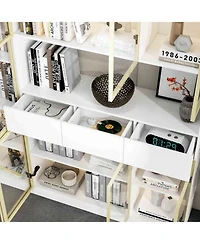 Famapy 30-Shelf White Wood Standard Bookcase With Doors,Led Lights,Drawers