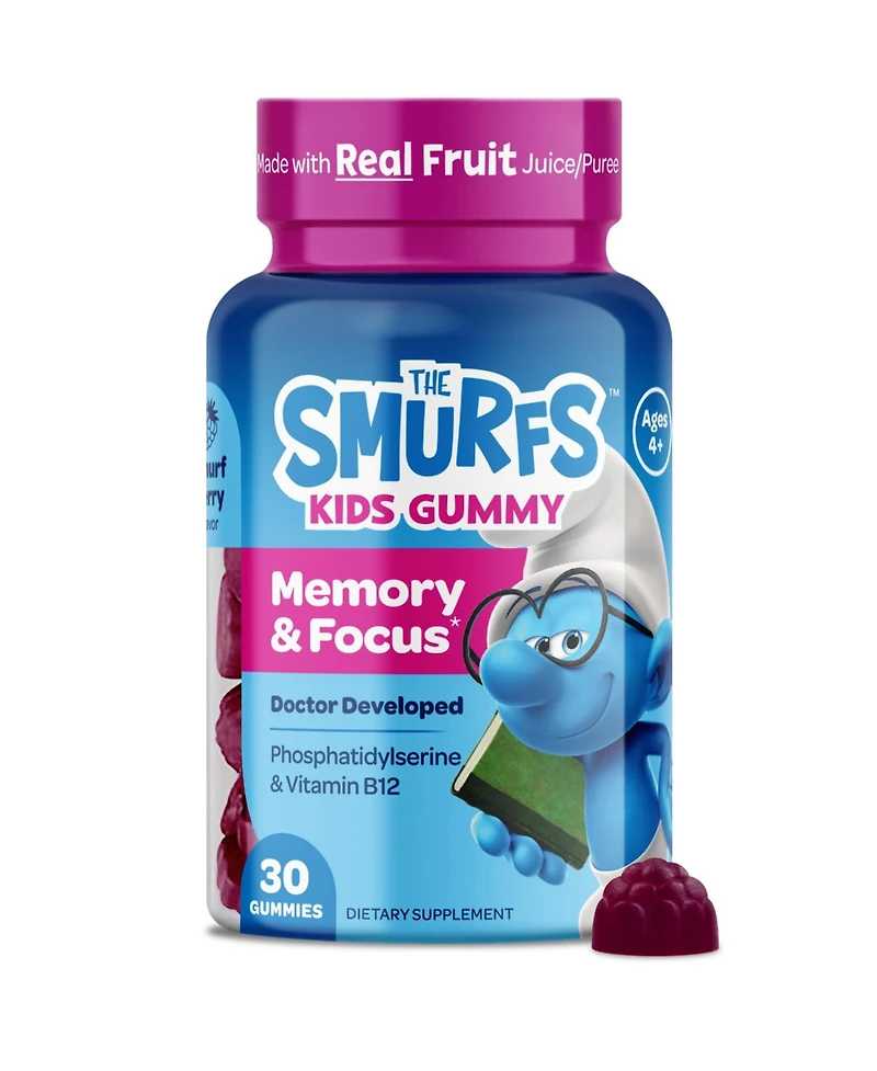 Smurfs Memory & Focus Gummies, Phosphatidylserine & Vitamin B12 Berry Flavored, 30ct