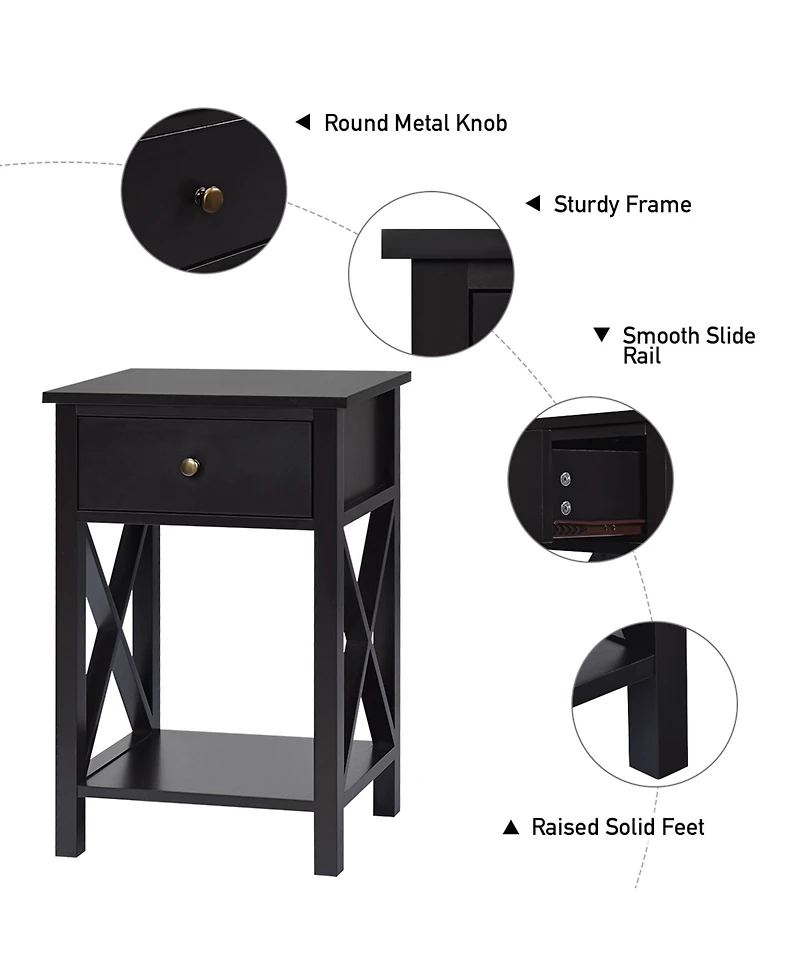 Gymax Set of 2 Nightstand Sofa Side End Table X-Design w/ Shelf Drawer Brown