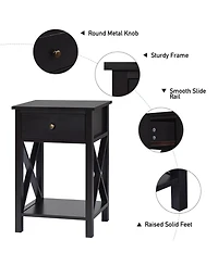 Gymax Set of 2 Nightstand Sofa Side End Table X-Design w/ Shelf Drawer Brown