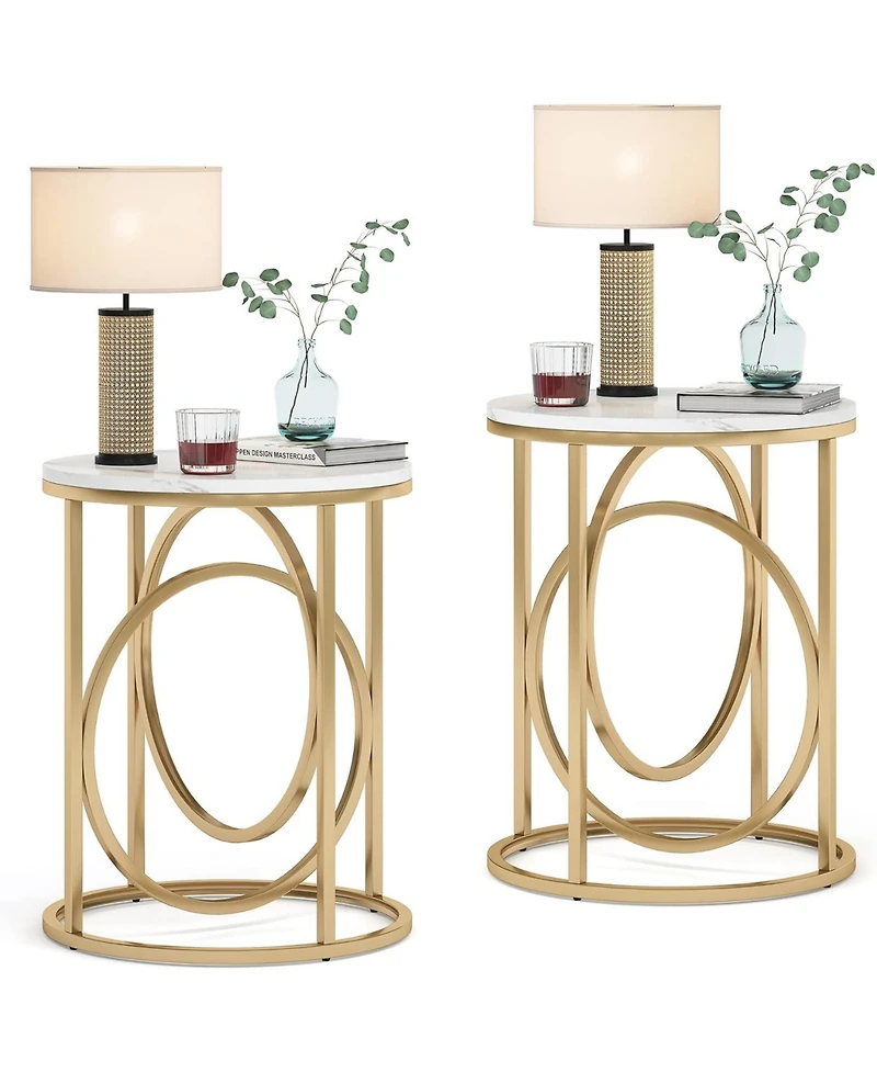 Tribesigns Modern Round End Table Set of 2, 20” Side Table Cocktail Table with Gold O-Shaped Base, Midcentury Accent Table Nightstand for Livin