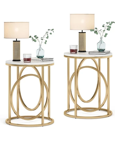 Tribesigns Modern Round End Table Set of 2, 20” Side Table Cocktail Table with Gold O-Shaped Base, Midcentury Accent Table Nightstand for Livin