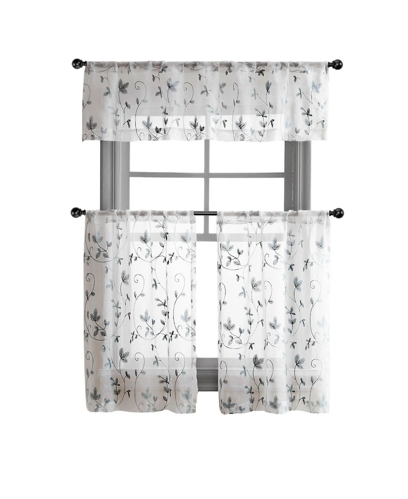 Kate Aurora Floral Embroidered Sheer Rod Pocket Kitchen Curtain Tier & Valance Set - 58 in. W x 15 L, Aqua