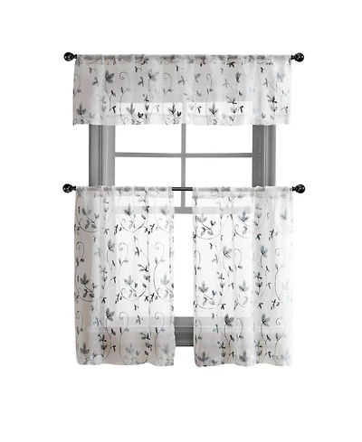 Kate Aurora Floral Embroidered Sheer Rod Pocket Kitchen Curtain Tier & Valance Set - 58 in. W x 15 L, Aqua