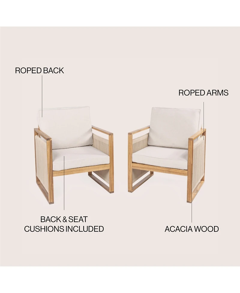 Jonathan Y Gable Mid-Century Modern Roped Acacia Wood Outdoor Patio Chair with Cushions