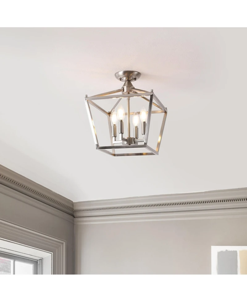 Jonathan Y Plains Mini Lantern 12" 4-Light Iron Modern Farmhouse Led Flush Mount, Nickel