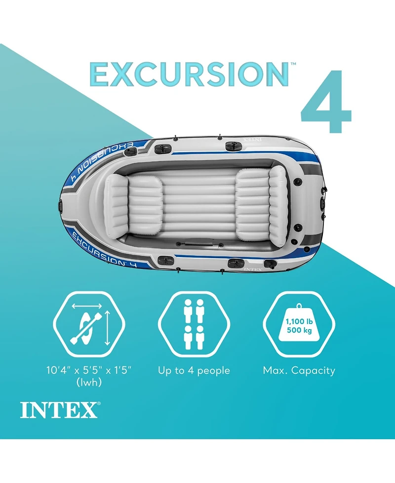 Intex Excursion 4 Person Inflatable Rafting and Fishing Boat Set with 2 Oars
