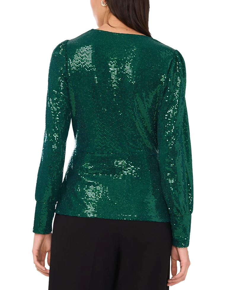 Vince Camuto Women's Sequined Faux-Wrap Long-Sleeve Top