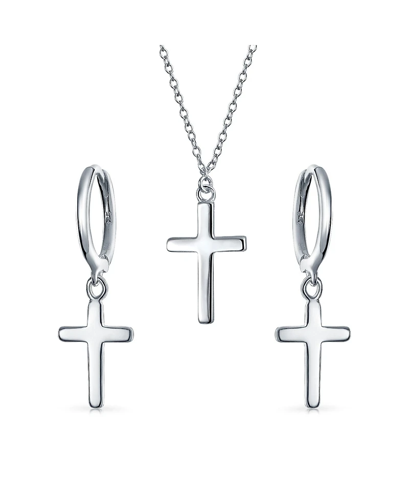 Bling Jewelry Minimalist Simple Small Petite Religious Jewelry Set Cross Necklace Pendant Huggee Stud Earrings For Women .925 Sterling Silver