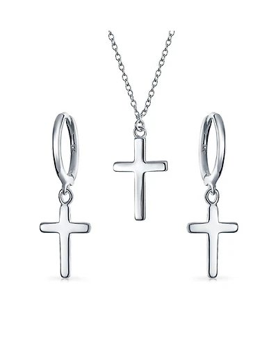Bling Jewelry Minimalist Simple Small Petite Religious Jewelry Set Cross Necklace Pendant Huggee Stud Earrings For Women .925 Sterling Silver