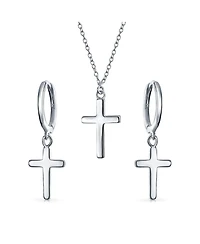 Bling Jewelry Minimalist Simple Small Petite Religious Jewelry Set Cross Necklace Pendant Huggee Stud Earrings For Women .925 Sterling Silver