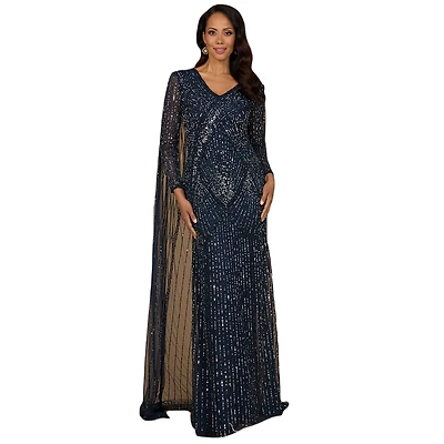 Lara Women's Long Sleeve Beaded Gown with Cape