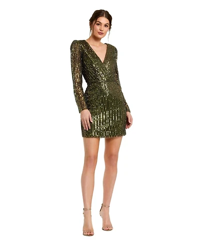 Mac Duggal Women's Long Sleeve Sequined Mini Dress
