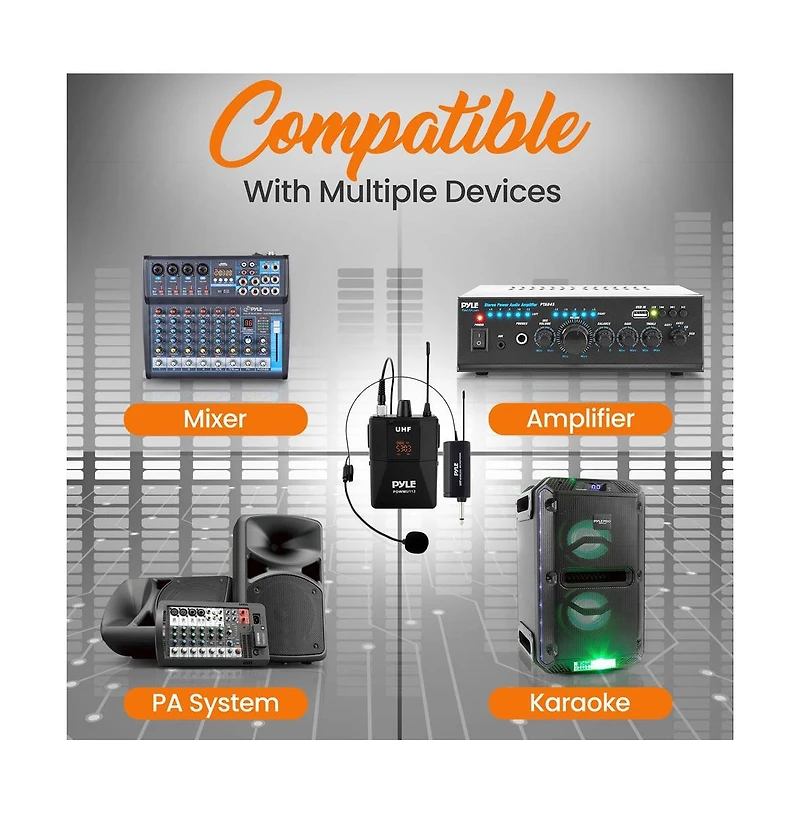 Pyle Uhf Wireless Microphone System Kit, Includes Headset Mic, Lavalier Mic & Beltpack Transmitter