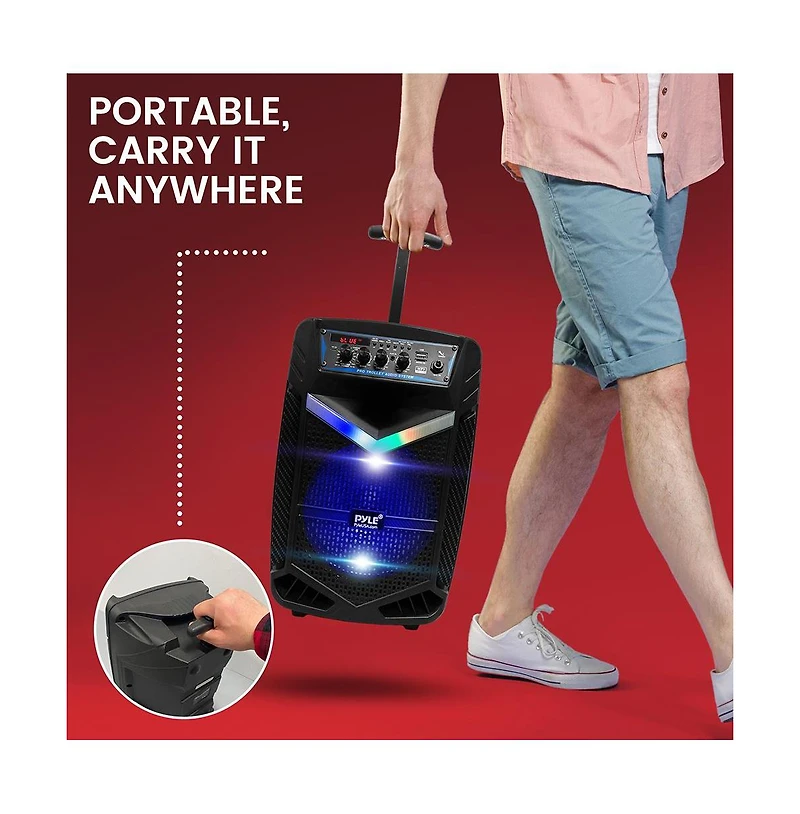 Pyle 400W Rechargeable Outdoor Bluetooth Speaker Portable Pa System w/ 8” Subwoofer 1” Tweeter, Recording Function, Mic In, Party Lights