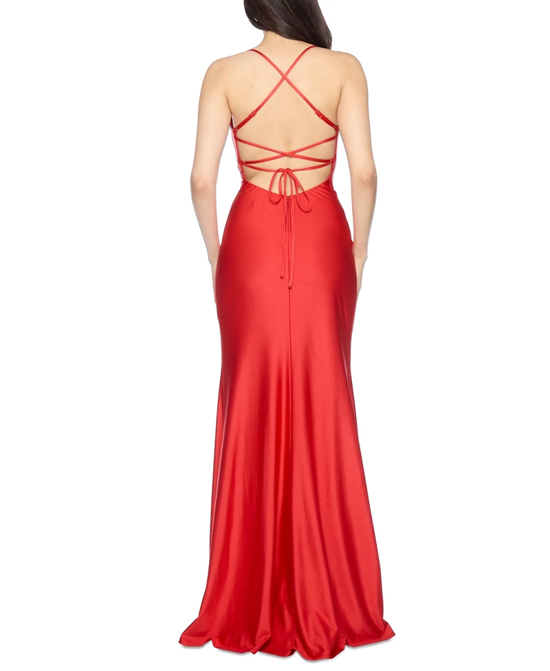 B Darlin Juniors' Cowl-Neck Corset-Back Gown