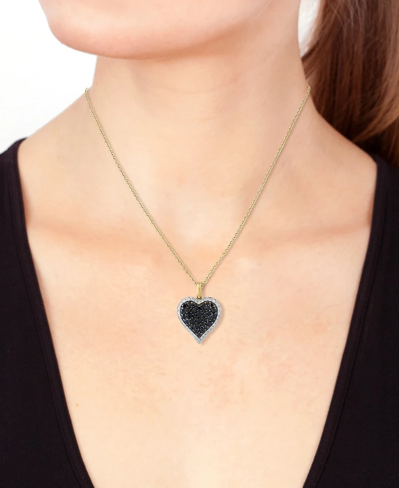 Effy Black Diamond (5/8 ct. t.w.) & White Diamond (1/4 ct. t.w.) Heart Halo 18" Pendant Necklace in 14k Gold