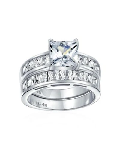 Bling Jewelry 2CT Princess Cut Solitaire Side Stone Cz Square Band Ring Set .925 Sterling Silver
