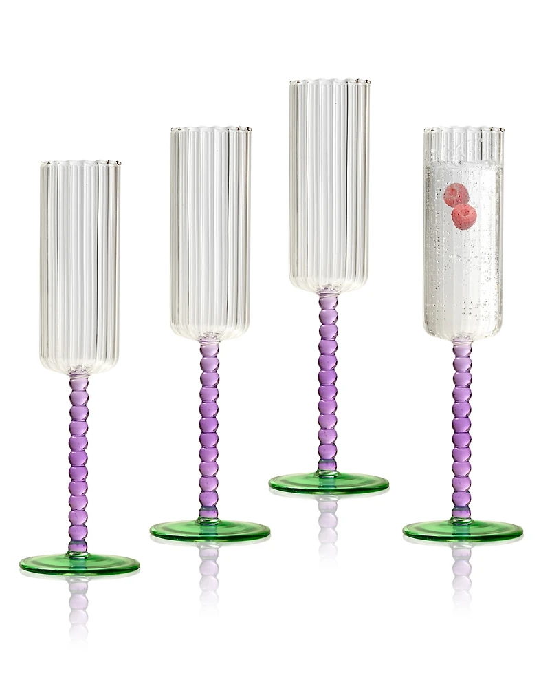 Qualia Glass Mardi Gras All Purpose Champagne Flutes, Set of 4